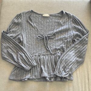 Gray Peplum Blouse with Tie Front and 3/4 Sleeves
